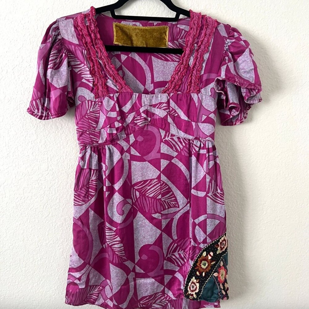 Custo‎ Barcelona Sz S Silk Tunic Dress Babydoll Embroidered Purple Boho Artsy